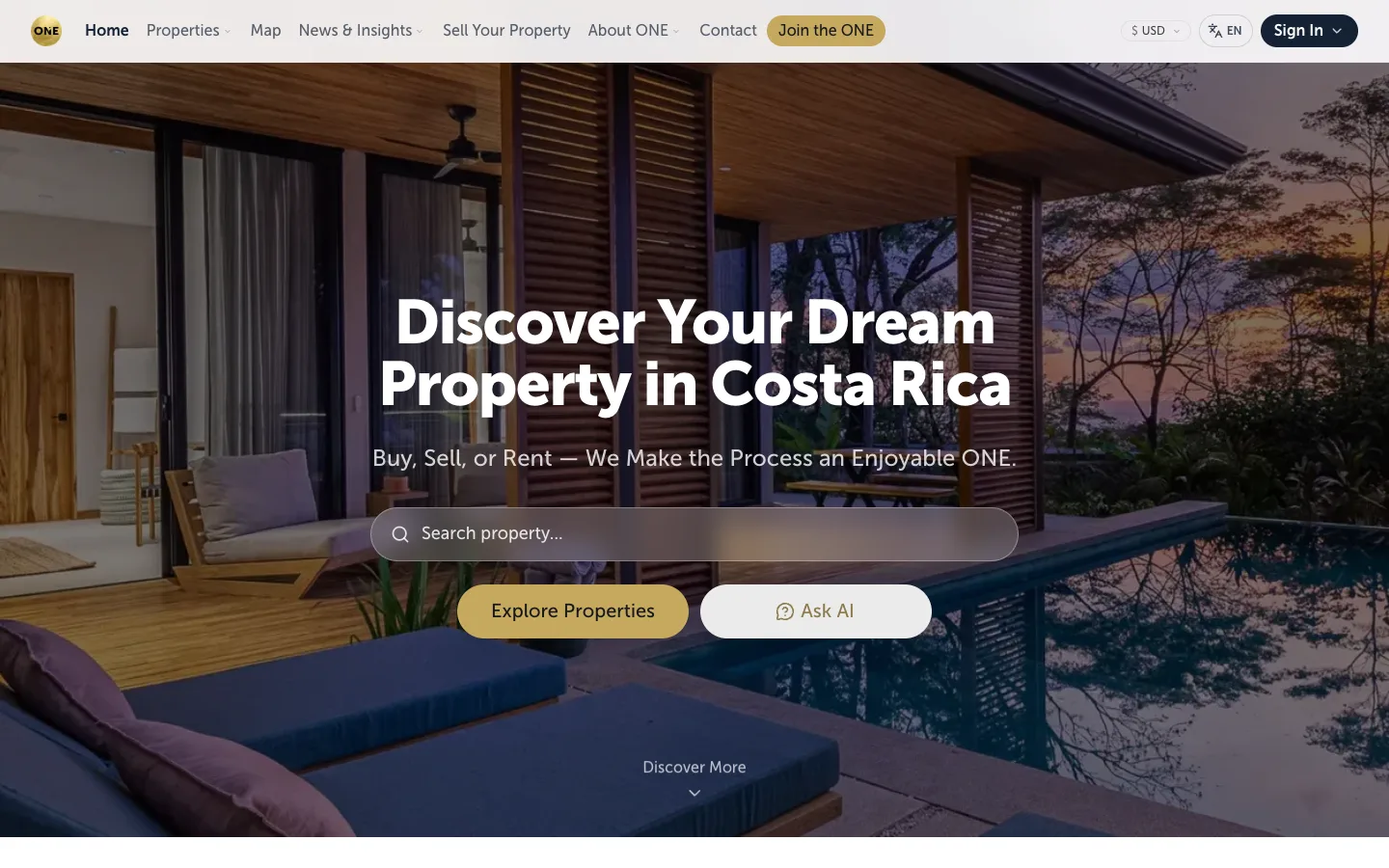 Captura del portal de propiedades de Realty ONE Group Costa Rica