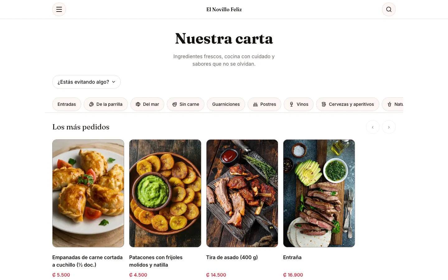 Captura de la demo de menú para restaurantes de TableKit